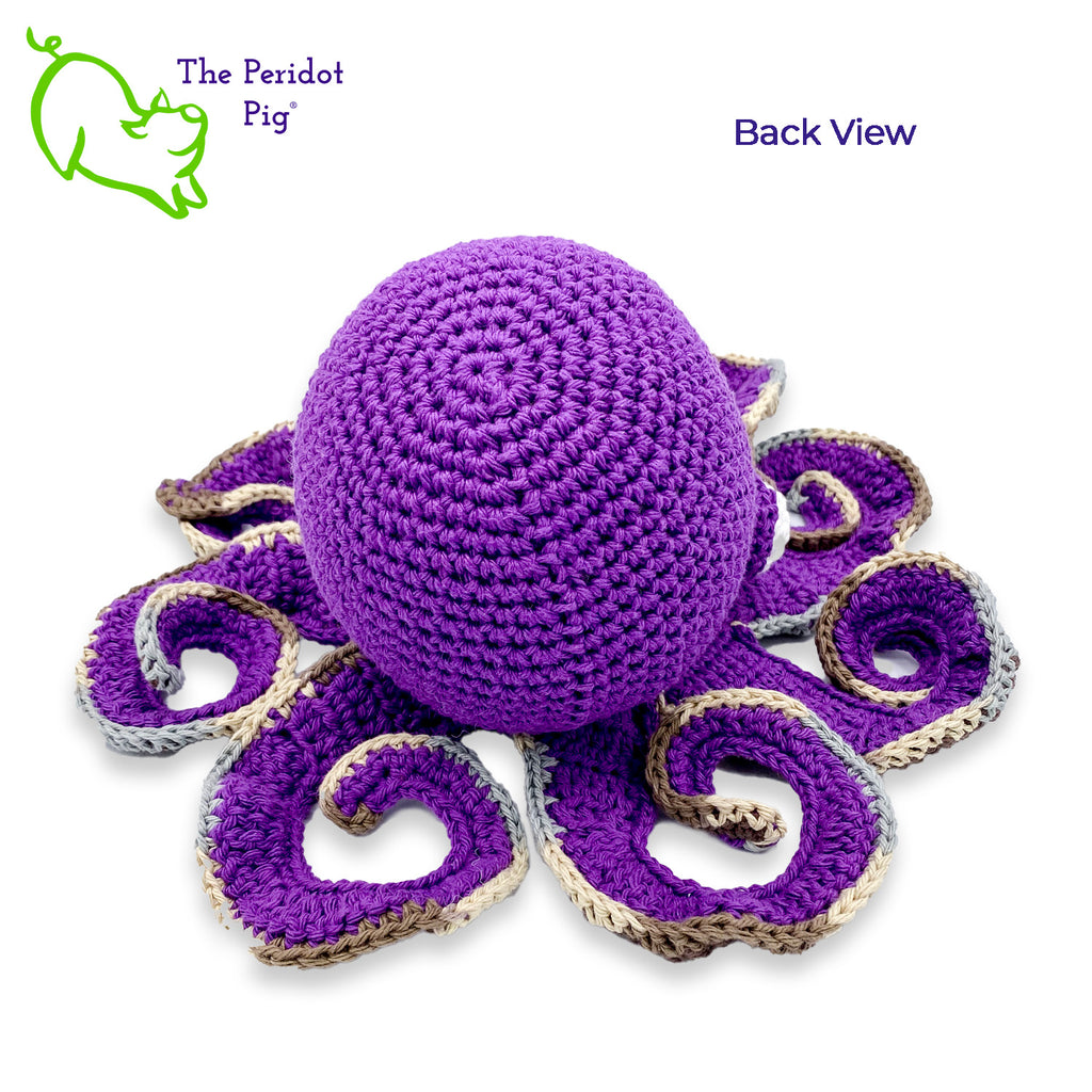 My husband thought an octopus only comes in black but we begged to differ! The North Pacific Giant Octopus is a lovely shade of orange like our Olivia. At first glance, she's a bit intimidating but in reality, she is soft and cuddly. Olivia is made from sturdy cotton and is meant to last a life-time. Also available in a purple too! Back view shown in purple.