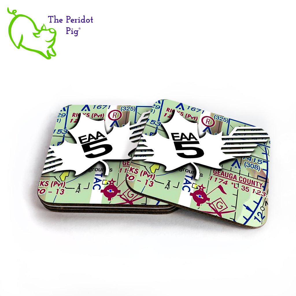 This set of four coasters is printed in bright colors on either a matte or a gloss coaster. All four are the same with the EAA Chapter 5 logo over a map of Geauga County, OH. Stack of four shown.