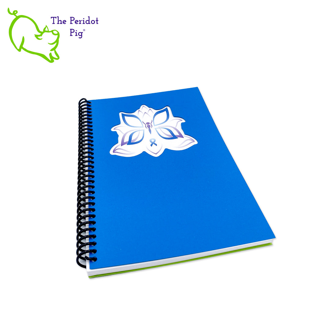 Kristin Zako has developed this personalized journal to organize your weekly schedule. The journal is printed on 32 bond 5.5 x 8" paper which is a joy to write in. Colorful pages and illustrations help lay out your monthly, weekly and daily plans. The front cover is a beautiful blue with a cutout around her logo. The back is a bright green cover stock. All of the 122 pages are bound in a spiral coil allowing the journal to lie flat or fold back.  Front view shown.