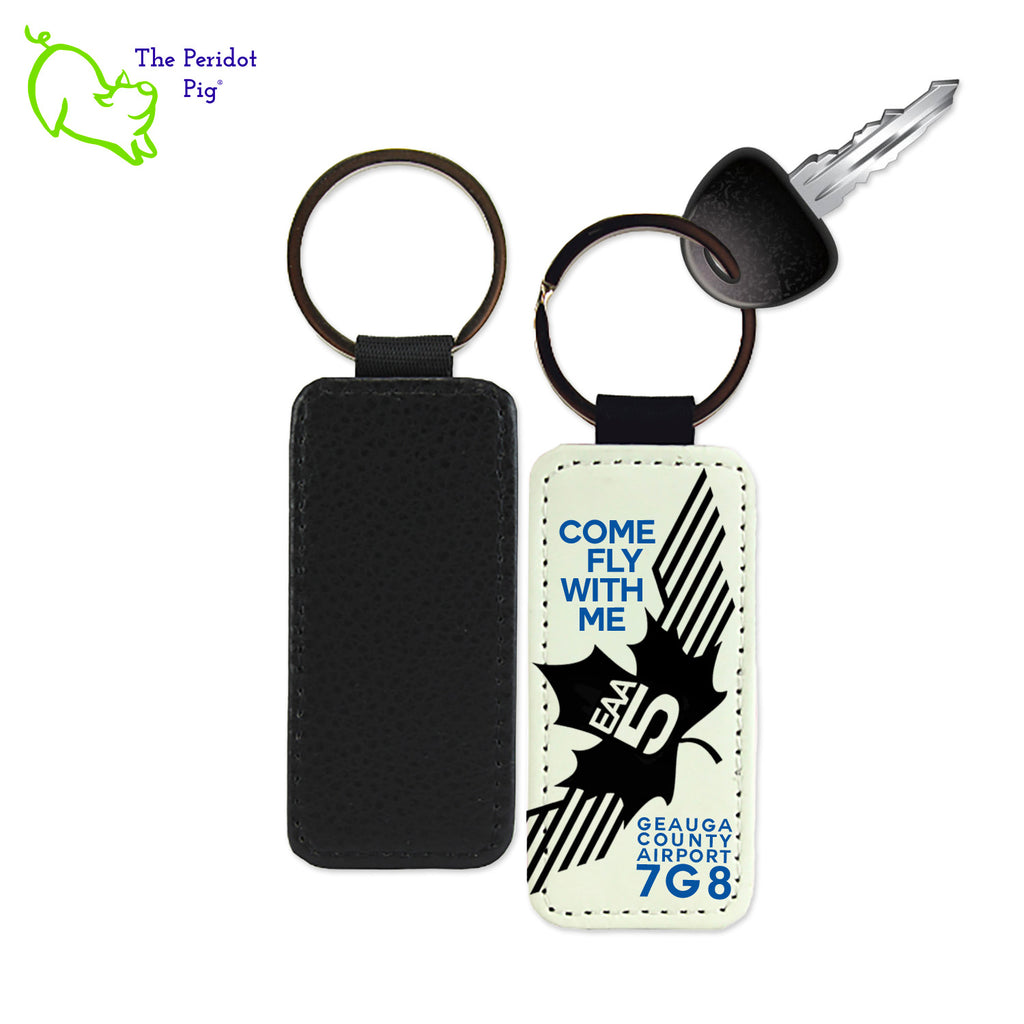 Give your pilot friend the perfect last minute gift: an EAA Chapter 5 Keychain! These key chains are perfect for any set of keys--and with their high quality, faux leather, they won't fade or crease from everyday use. Not to mention, the image stays vibrant! An excellent choice for pilots everywhere.  Each style show (square, round or rectangle) is black on the back and printed with the EAA Chapter 5 logo with the text, "Come Fly with Me" on the front. Rectangle style shown.