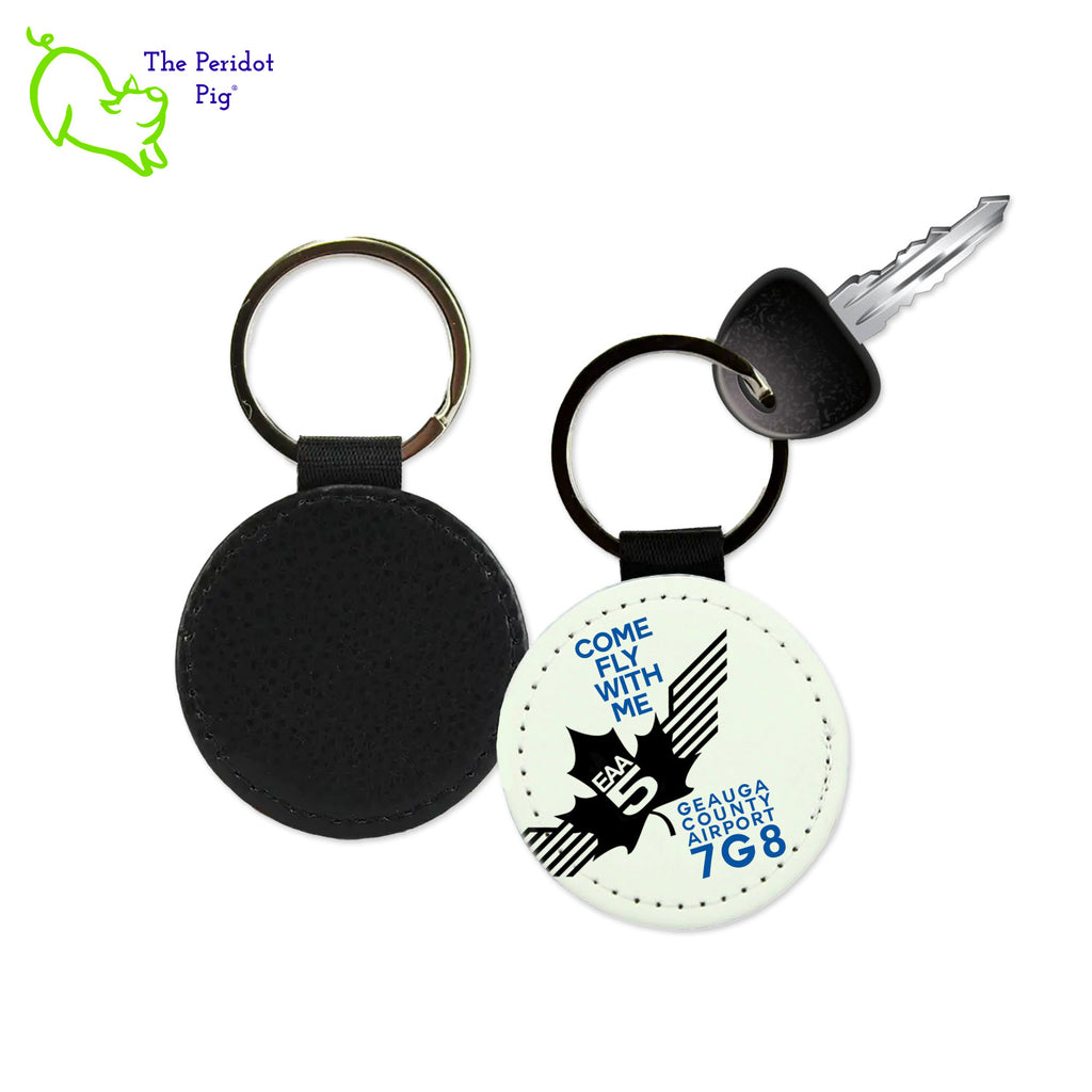 Give your pilot friend the perfect last minute gift: an EAA Chapter 5 Keychain! These key chains are perfect for any set of keys--and with their high quality, faux leather, they won't fade or crease from everyday use. Not to mention, the image stays vibrant! An excellent choice for pilots everywhere.  Each style show (square, round or rectangle) is black on the back and printed with the EAA Chapter 5 logo with the text, "Come Fly with Me" on the front. Round style shown.