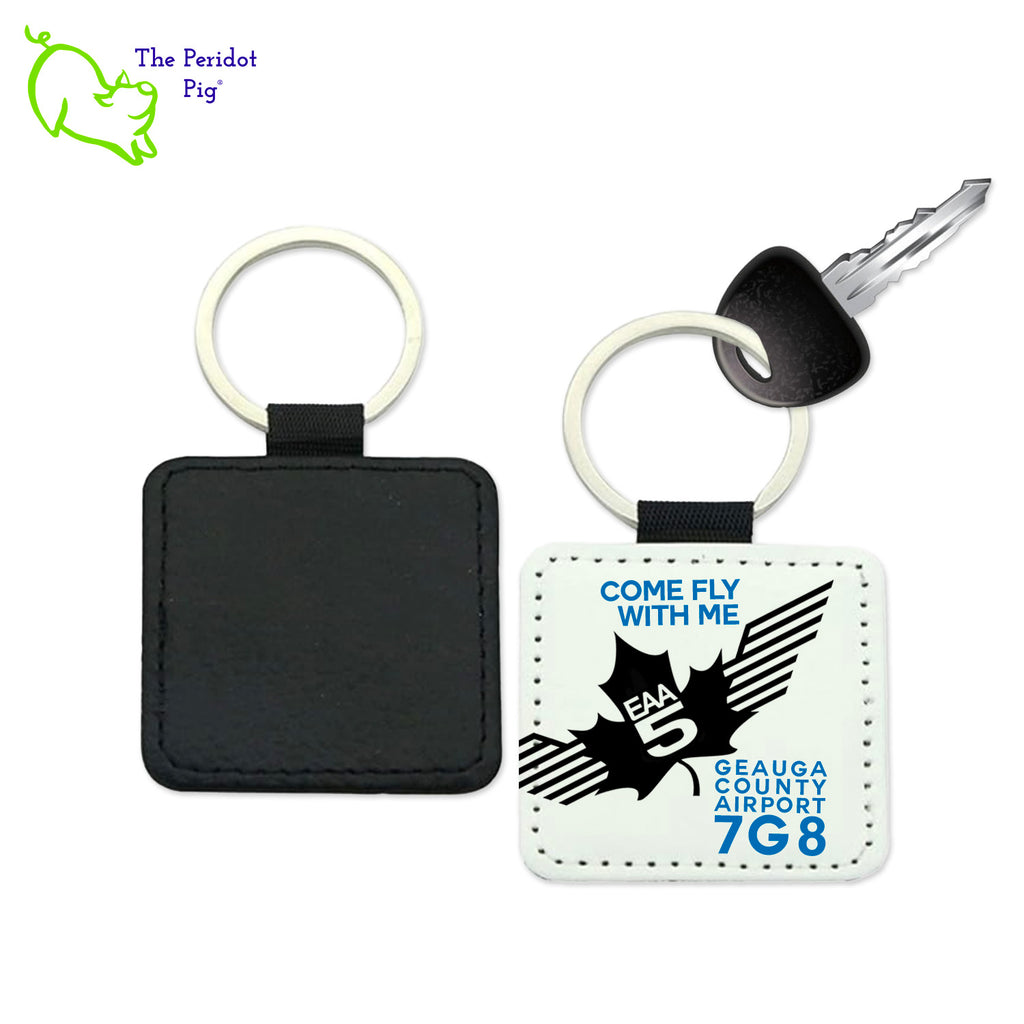 Give your pilot friend the perfect last minute gift: an EAA Chapter 5 Keychain! These key chains are perfect for any set of keys--and with their high quality, faux leather, they won't fade or crease from everyday use. Not to mention, the image stays vibrant! An excellent choice for pilots everywhere.  Each style show (square, round or rectangle) is black on the back and printed with the EAA Chapter 5 logo with the text, "Come Fly with Me" on the front. Square style shown.