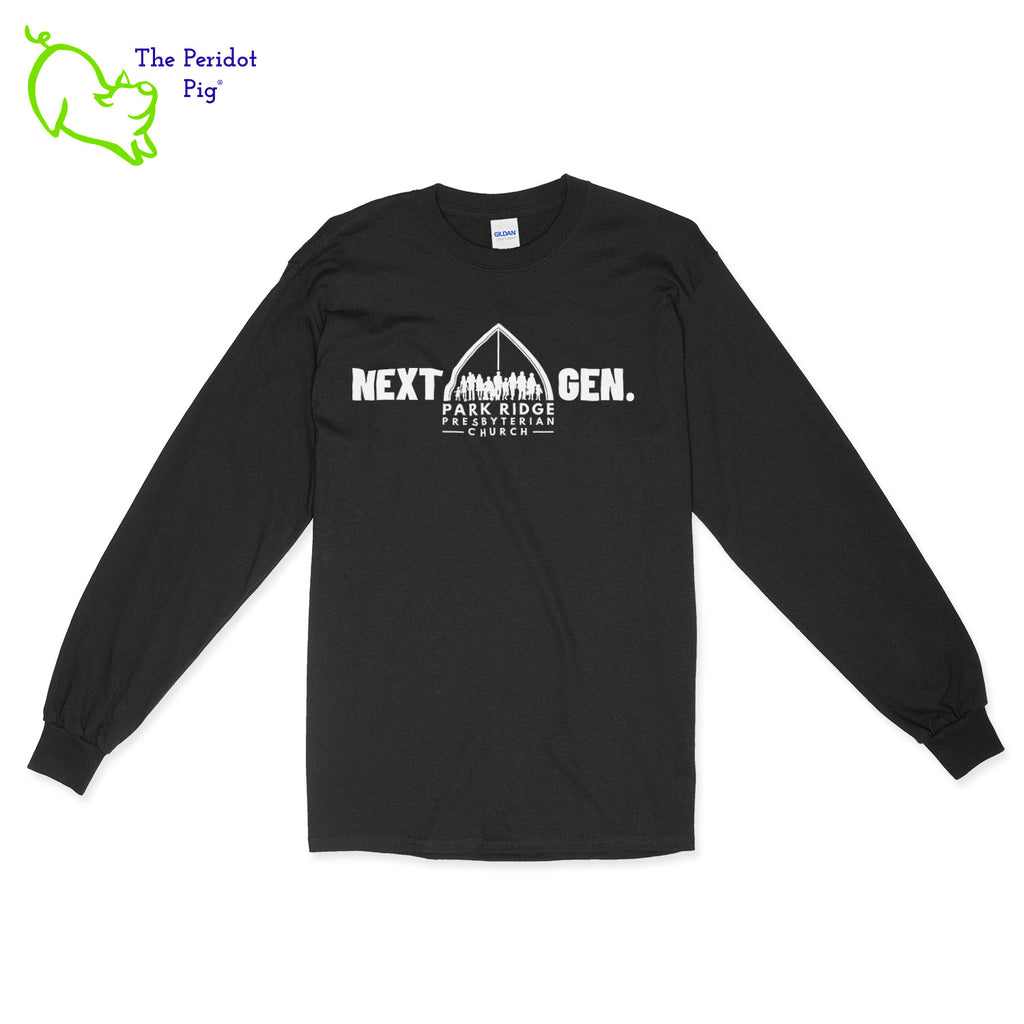 Experience the next generation of Park Ridge Presbyterian with our exclusive t-shirt. It may look simple with a white logo, but when the lights go down, the "NEXT GEN." wording glows with a special vinyl. Made from high-quality cotton, this long sleeve shirt is perfect for all occasions. Front view in black shown.