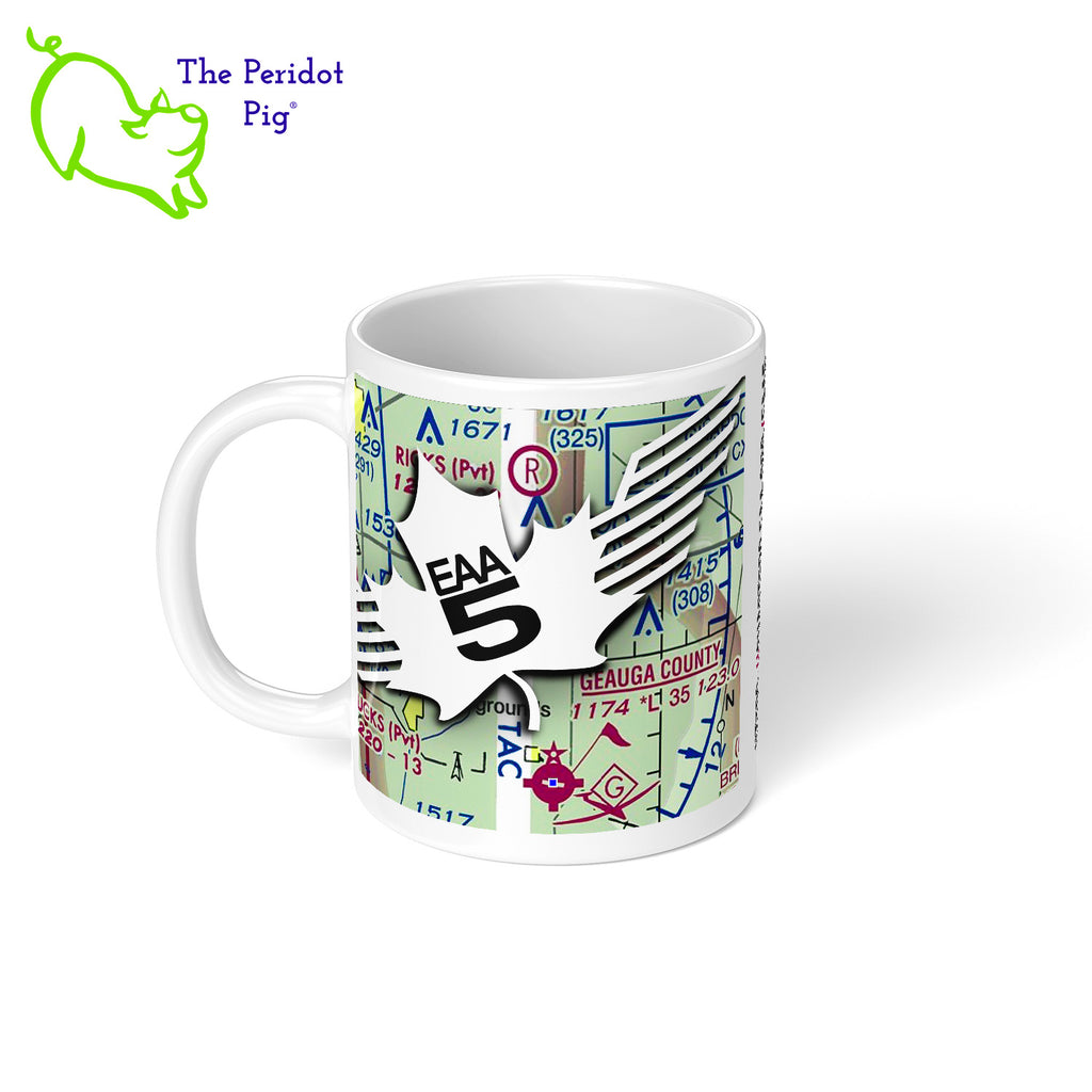 The perfect coffee mug for the EAA Chapter 5 member or fan. These glossy white mugs are printed with a snapshot of an Geauga County aeronautical chart with the EAA Chapter 5 logo and URL on top. Printed using vibrant color in a permanent ink. Left view shown.