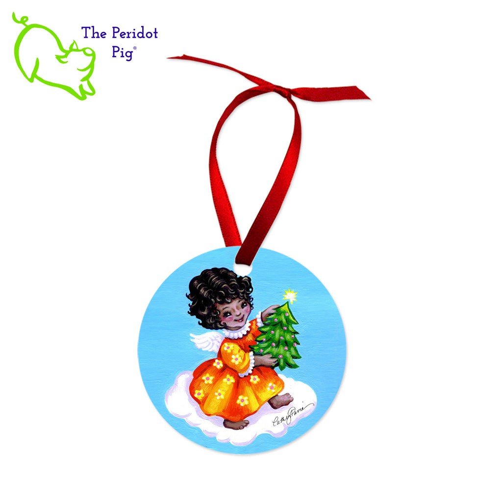 This ornament features the colorful artwork of Cathy Pavia. On the front, you have a choice of five different holiday images. On the back, the ornament says "Happy Holidays" or "Merry Christmas" in bright colors. Front view of the Angel style shown.