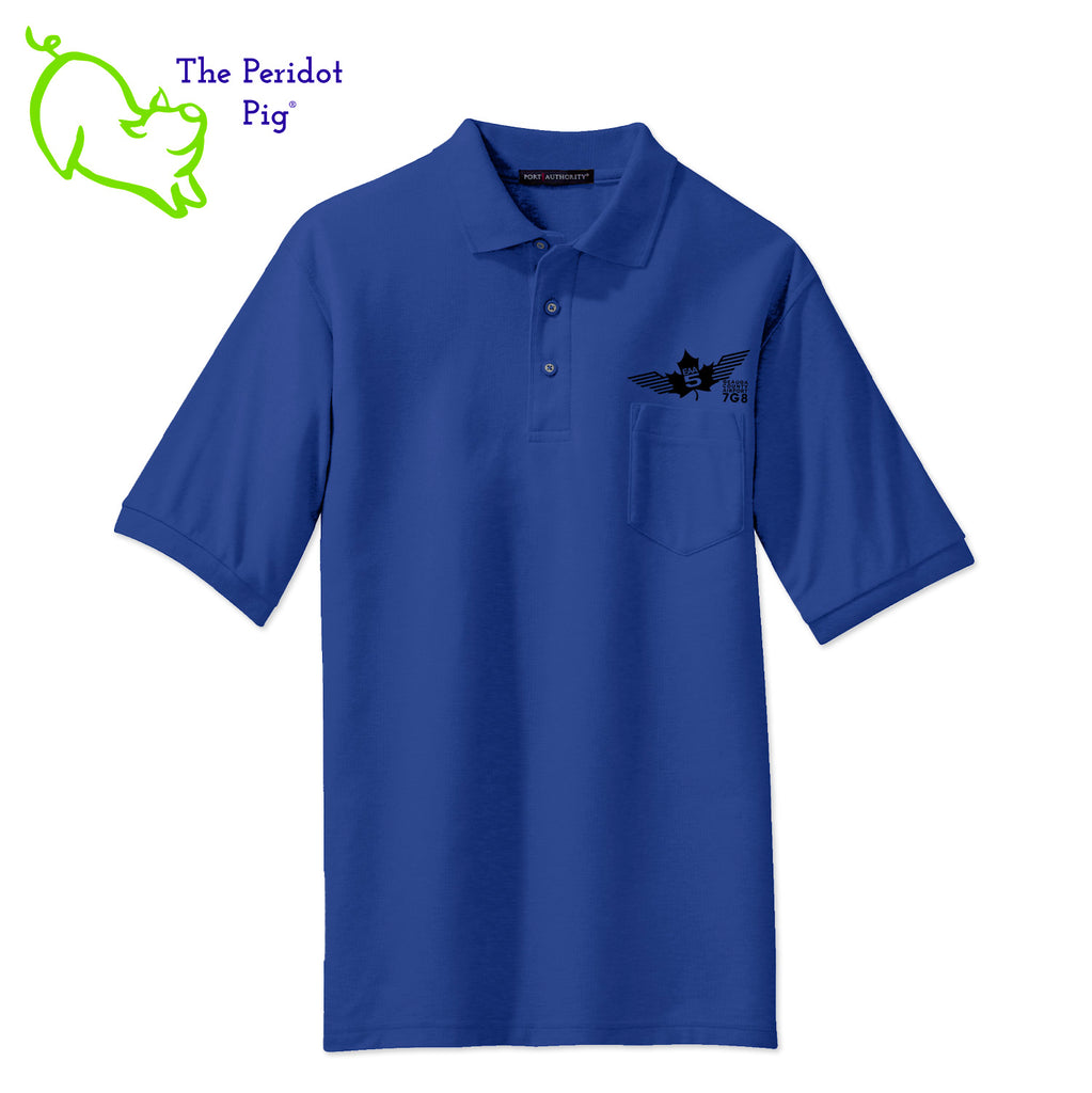 Our popular Silk Touch™ polo—enhanced with a left chest pocket. This one features the EAA Chapter 5 logo above the pocket. Front view shown in Royal-Black.