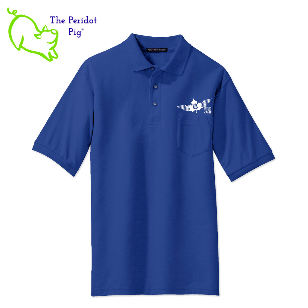 Our popular Silk Touch™ polo—enhanced with a left chest pocket. This one features the EAA Chapter 5 logo above the pocket. Front view shown in Royal-White.
