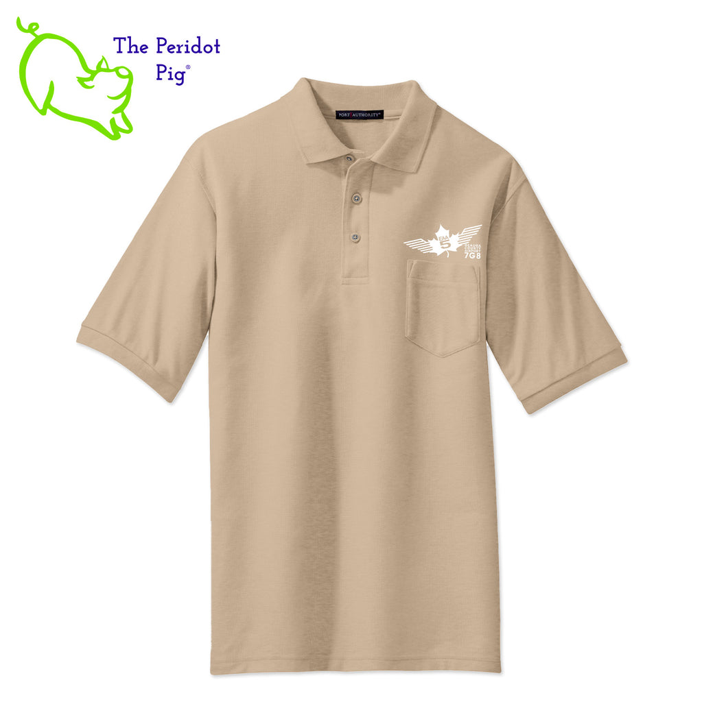 Our popular Silk Touch™ polo—enhanced with a left chest pocket. This one features the EAA Chapter 5 logo above the pocket. Front view shown in Stone-White.