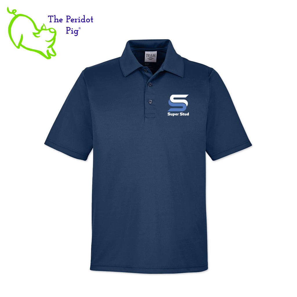 This performance polo combines comfort and style with its light-weight silky fabric and tailored fit. The Super Stud logo on the left chest enhances its professional appearance, making it a great addition to any wardrobe. Front view shown.