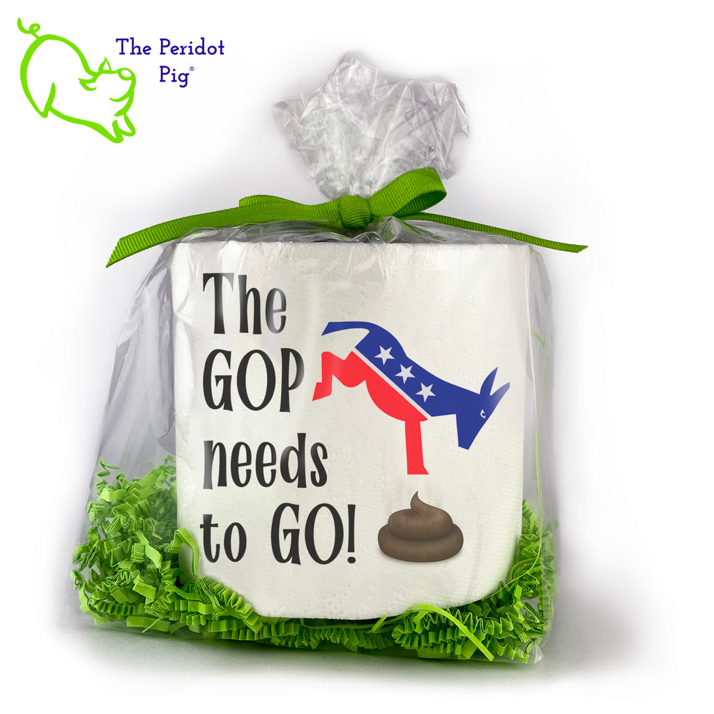 Available with many different sayings, this listing is for a single, high-quality 2-ply toilet paper roll which has been printed in vivid sublimation color. We then wrap it all up with some peridot green crinkle paper and a matching bow. We're jumping into the political fray with this model as everyone has one of -those- relatives that needs a political dump. This one says "The GOP needs to go!" It's perfect for that left-wing friend or family member!
