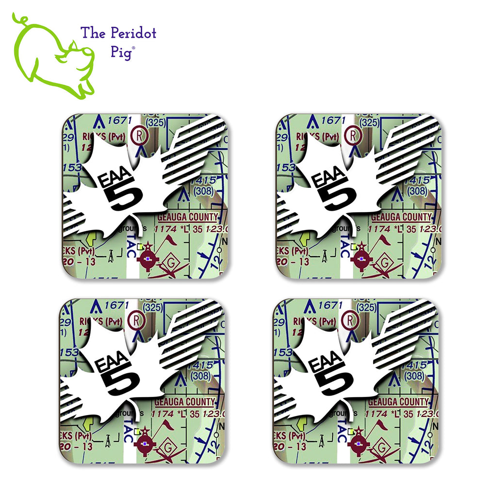 This set of four coasters is printed in bright colors on either a matte or a gloss coaster. All four are the same with the EAA Chapter 5 logo over a map of Geauga County, OH. Stack of four shown flat