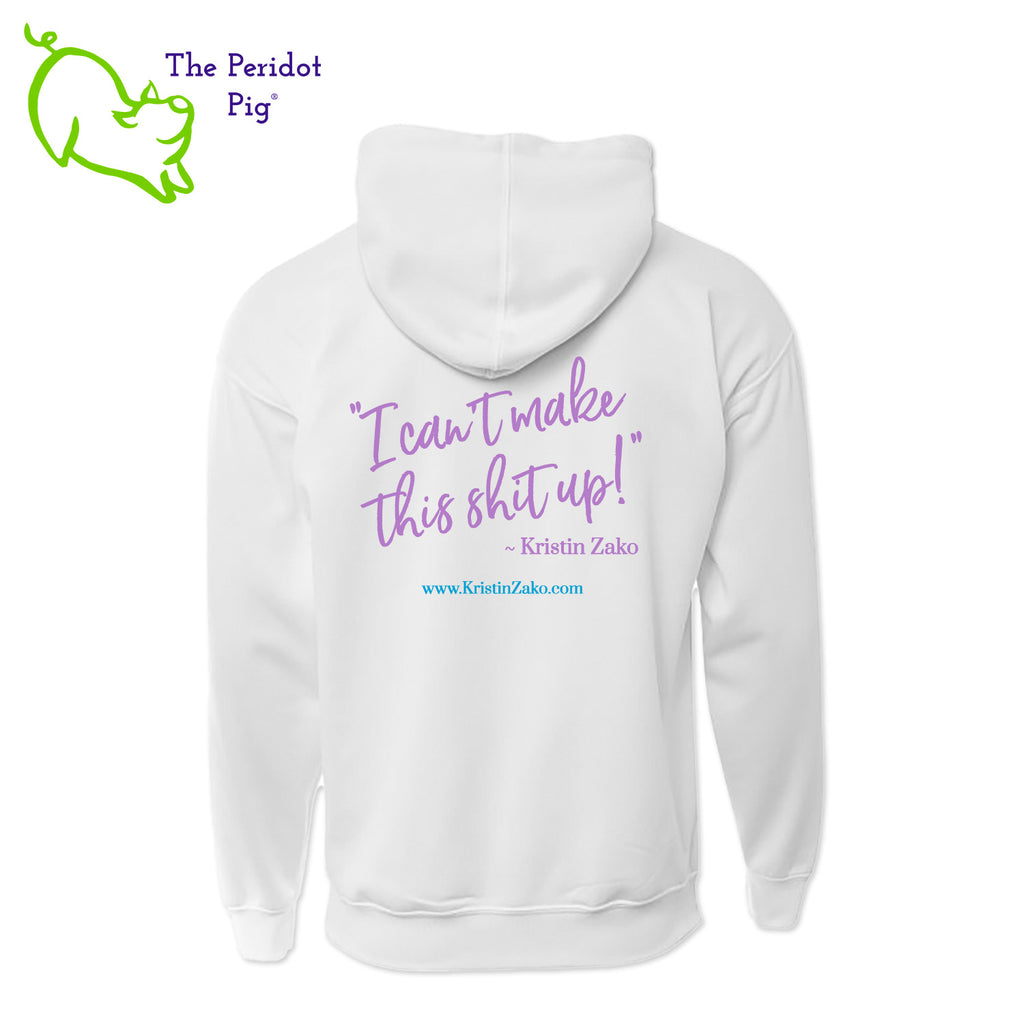 Kristin is always saying, "I can't make this shit up" and we had to put that on a nice performance hoodie. These medium weight hoodies are made from a performance polyester that is very soft. The print is a vivid sublimation print that won't crack or fade over time. The front sports her logo on the left chest area. The back has the "I can't make this shit up" quote and her website URL. Back view shown on white.