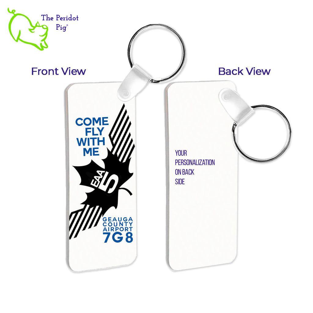 Give your pilot friends the perfect last minute gift: a personalized EAA Chapter 5 Keychain! This key chain is perfect for any set of keys--made from a sturdy FRP plastic, they won't fade, chip, scratch or crease from everyday use. Not to mention, the images on the front and back stay vibrant! An excellent choice for pilots everywhere. Front and back shown with sample text.