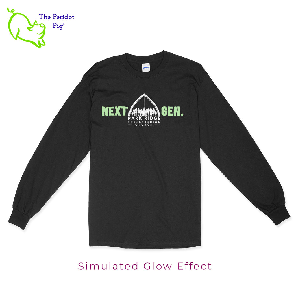 Experience the next generation of Park Ridge Presbyterian with our exclusive t-shirt. It may look simple with a white logo, but when the lights go down, the "NEXT GEN." wording glows with a special vinyl. Made from high-quality cotton, this long sleeve shirt is perfect for all occasions. Front view in black shown with simulated glow.