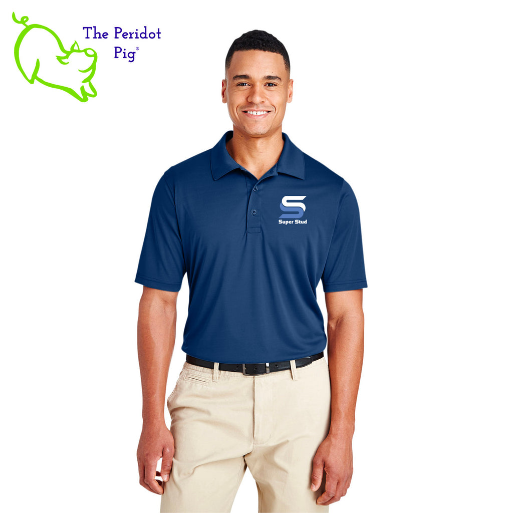 This performance polo combines comfort and style with its light-weight silky fabric and tailored fit. The Super Stud logo on the left chest enhances its professional appearance, making it a great addition to any wardrobe. Front view shown on model.