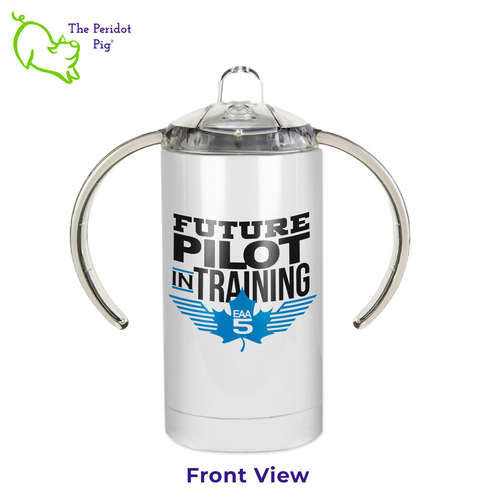 Let everyone know that there's a new pilot in the house! These sippy cups are simple and cute. They say "Future Pilot in Training" and feature the EAA Chapter 5 logo in blue. They are printed on both the front and back. Front view shown.