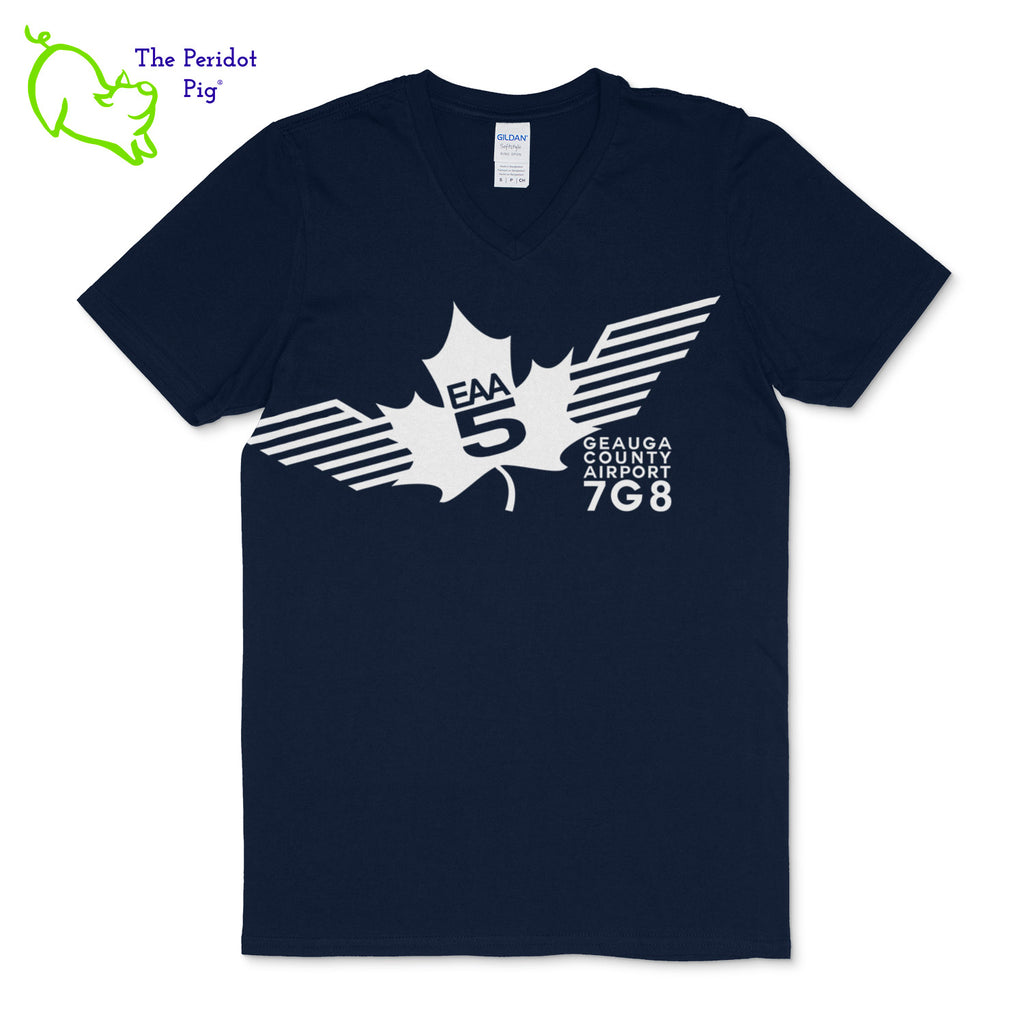 Crafted from a soft and comfortable material, this t-shirt features a loose cut, v-neck collar style and the EAA Chapter 5 logo in your choice of color on the front. You can also chose from three different colors for the shirt. The logo is located on the front and slightly wraps around the side of the shirt. Front view shown in Navy with white.