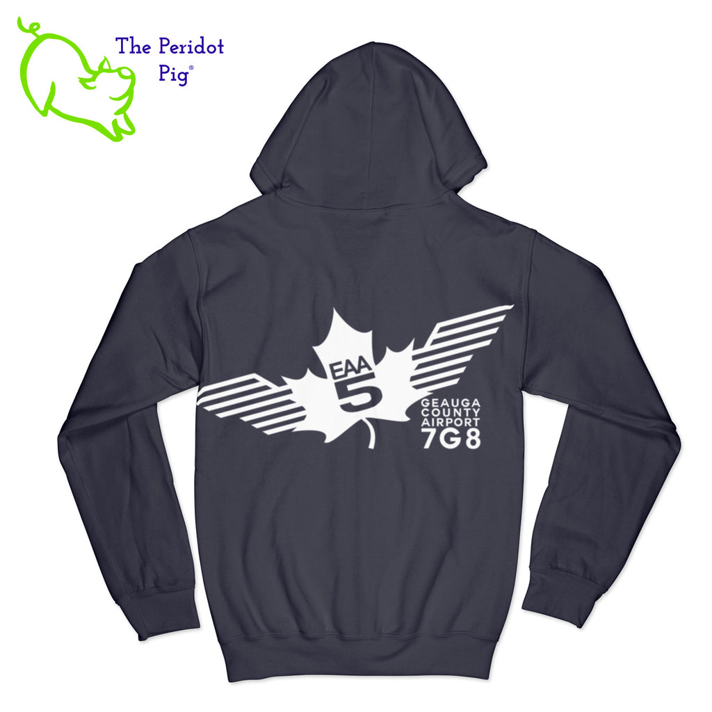 Crafted from a soft and comfortable material, this hoodie features a loose cut and the EAA Chapter 5 logo in your choice of color on the front and back. You can also chose from four different colors for the hoodie. The front has a small logo on the left chest area. The back has the larger version of the logo. Back view shown in Navy with white.