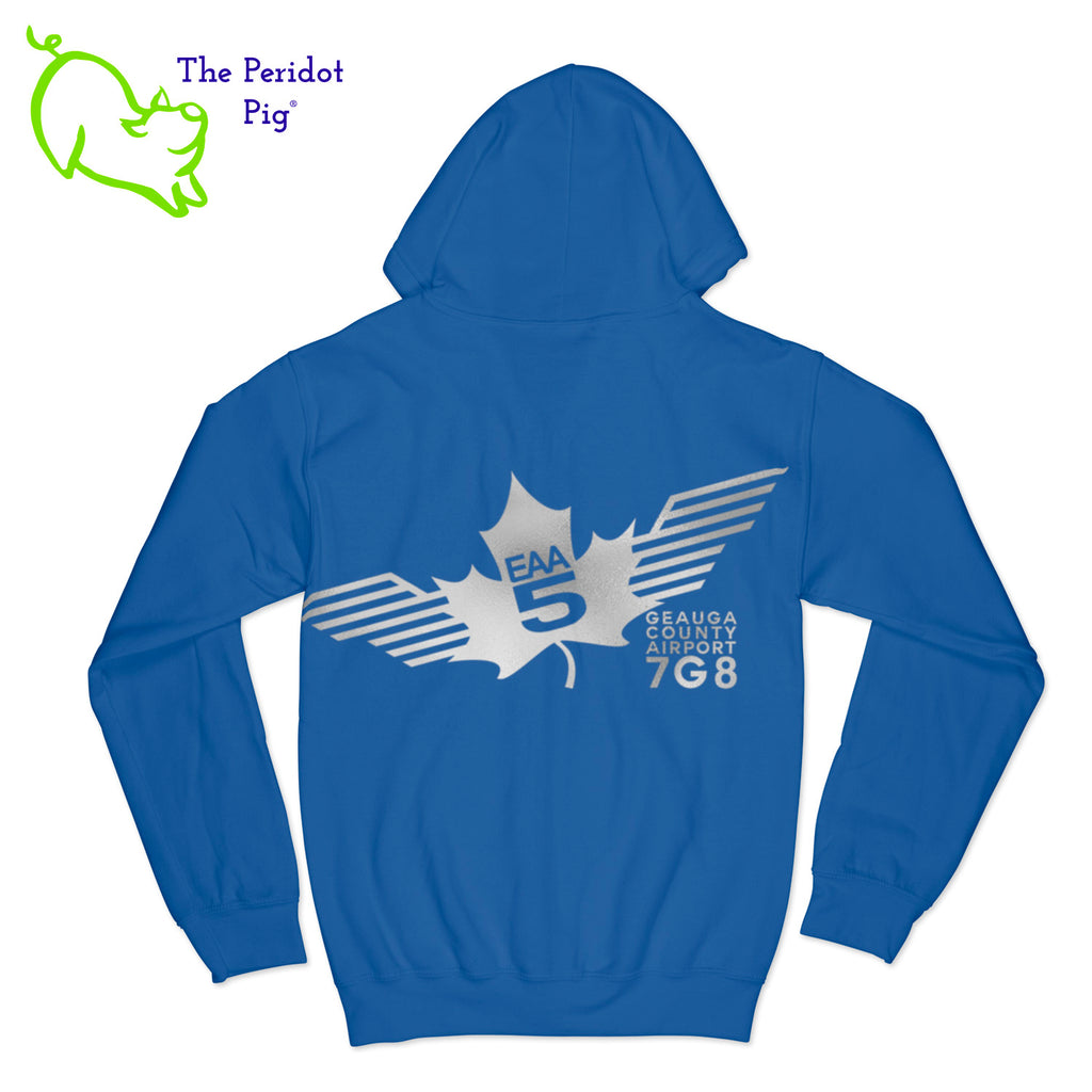 Crafted from a soft and comfortable material, this hoodie features a loose cut and the EAA Chapter 5 logo in your choice of color on the front and back. You can also chose from four different colors for the hoodie. The front has a small logo on the left chest area. The back has the larger version of the logo. Back view shown in Royal with silver.