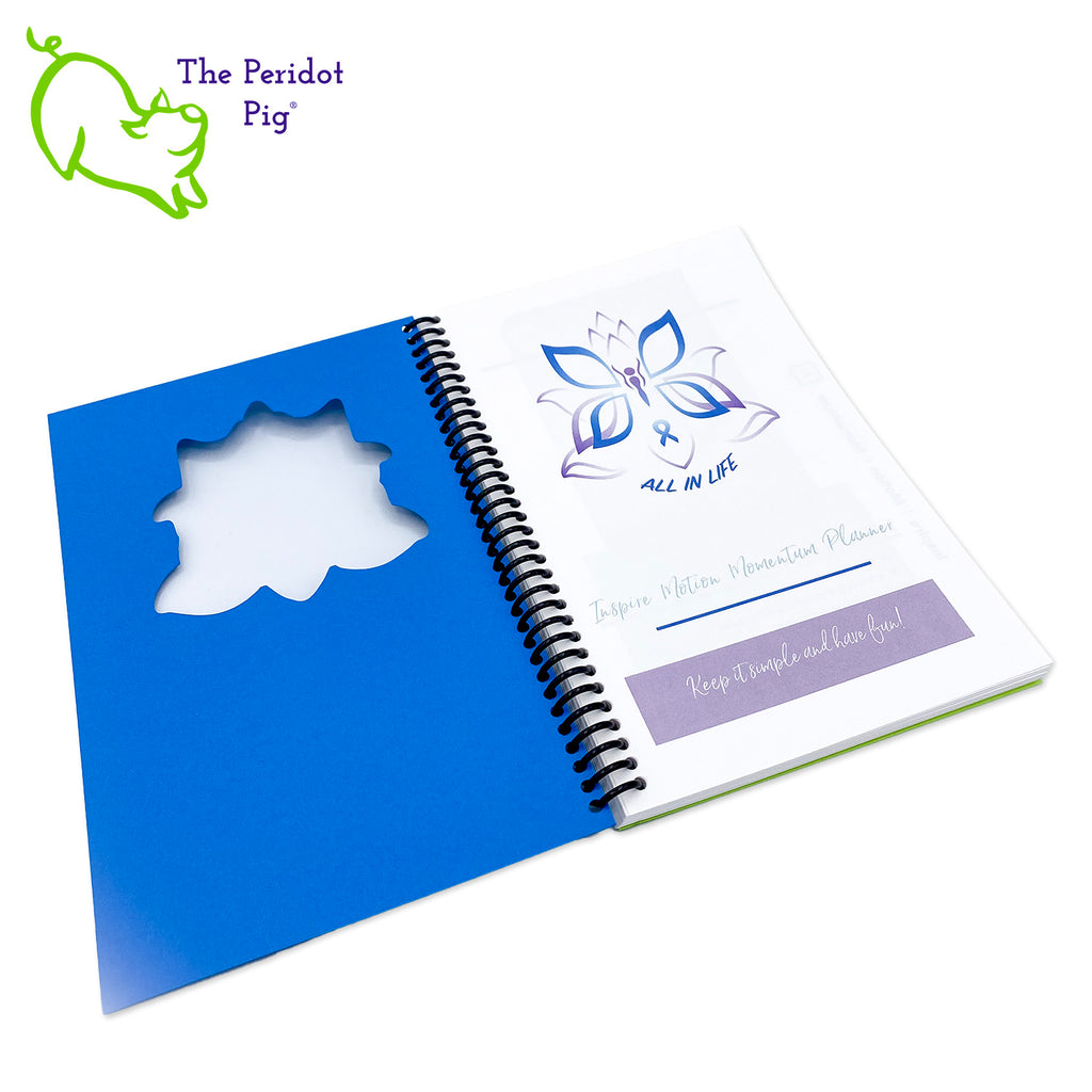 Kristin Zako has developed this personalized journal to organize your weekly schedule. The journal is printed on 32 bond 5.5 x 8" paper which is a joy to write in. Colorful pages and illustrations help lay out your monthly, weekly and daily plans. The front cover is a beautiful blue with a cutout around her logo. The back is a bright green cover stock. All of the 122 pages are bound in a spiral coil allowing the journal to lie flat or fold back.  Interior cover view shown.