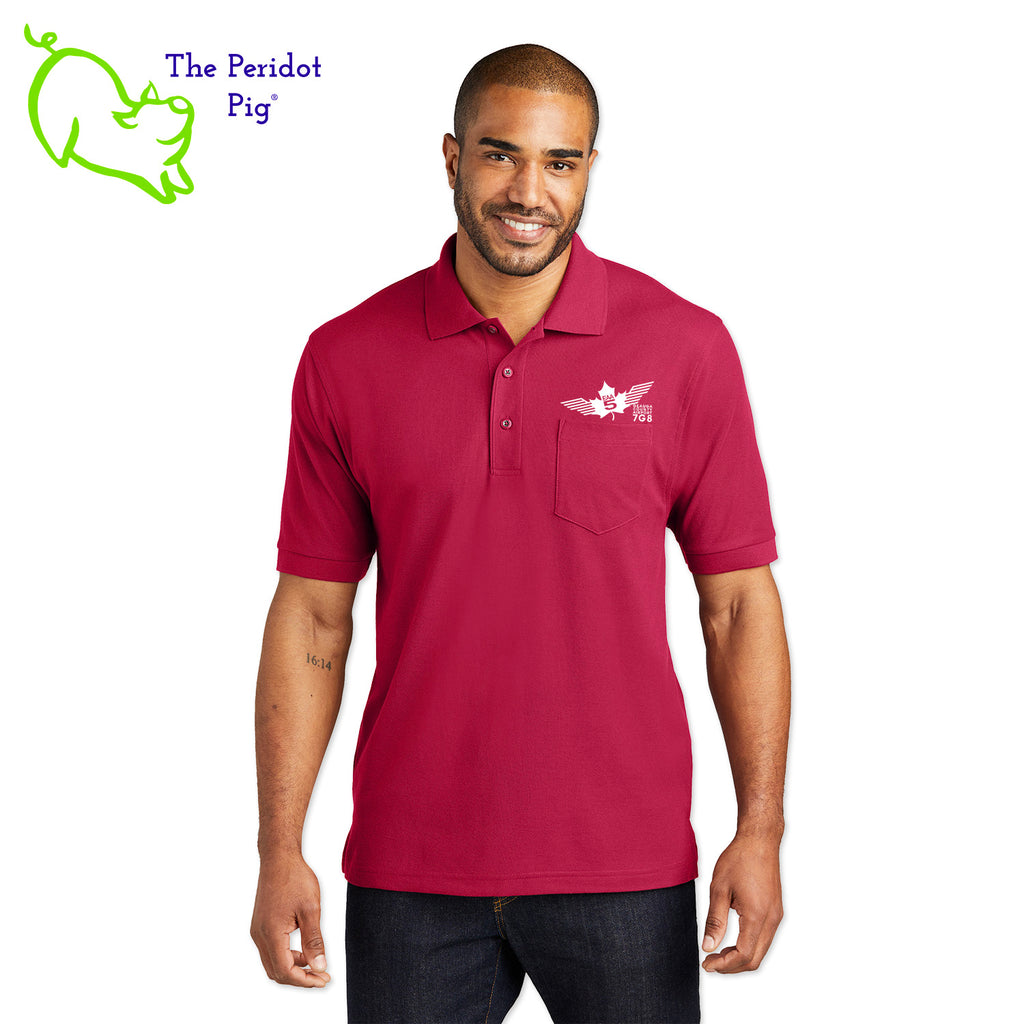 Our popular Silk Touch™ polo—enhanced with a left chest pocket. This one features the EAA Chapter 5 logo above the pocket. Front view shown in Red-White.