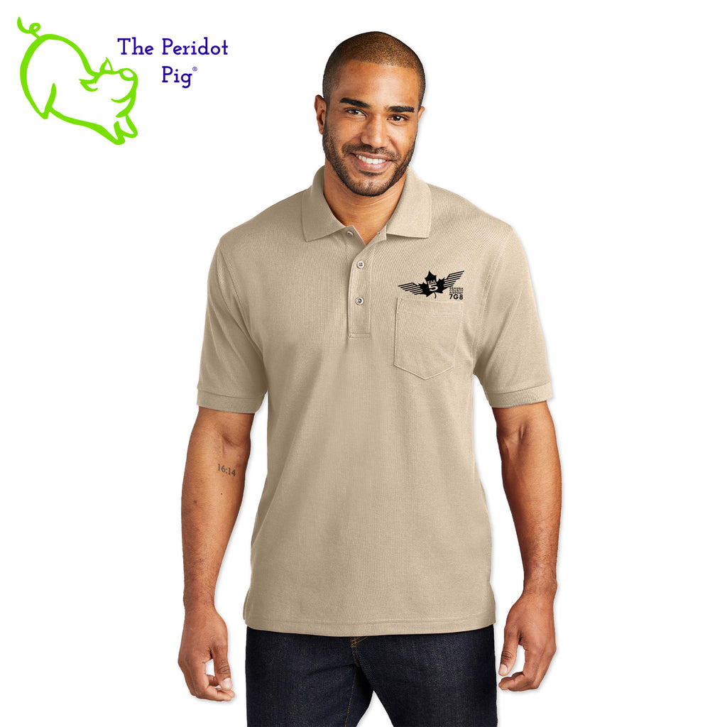 Our popular Silk Touch™ polo—enhanced with a left chest pocket. This one features the EAA Chapter 5 logo above the pocket. Front view shown in Stone-Black.