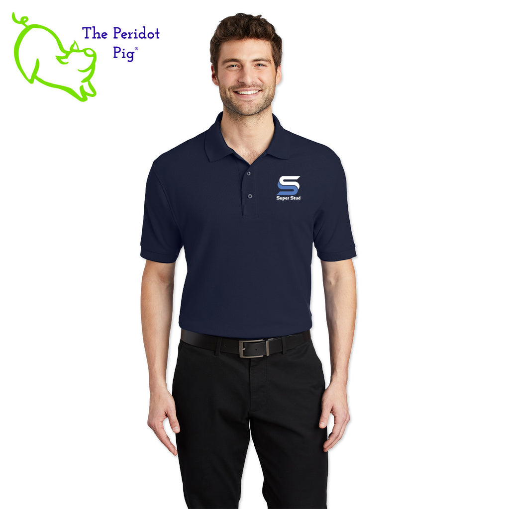 Our popular Silk Touch™ polo is perfect for all occasions. This one features the Super Stud logo on the left chest area. Front view shown on model.