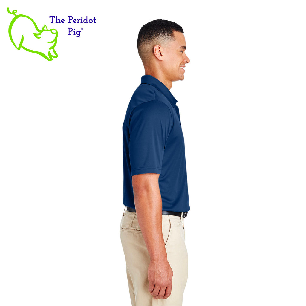 This performance polo combines comfort and style with its light-weight silky fabric and tailored fit. The Super Stud logo on the left chest enhances its professional appearance, making it a great addition to any wardrobe. Side view shown on model.