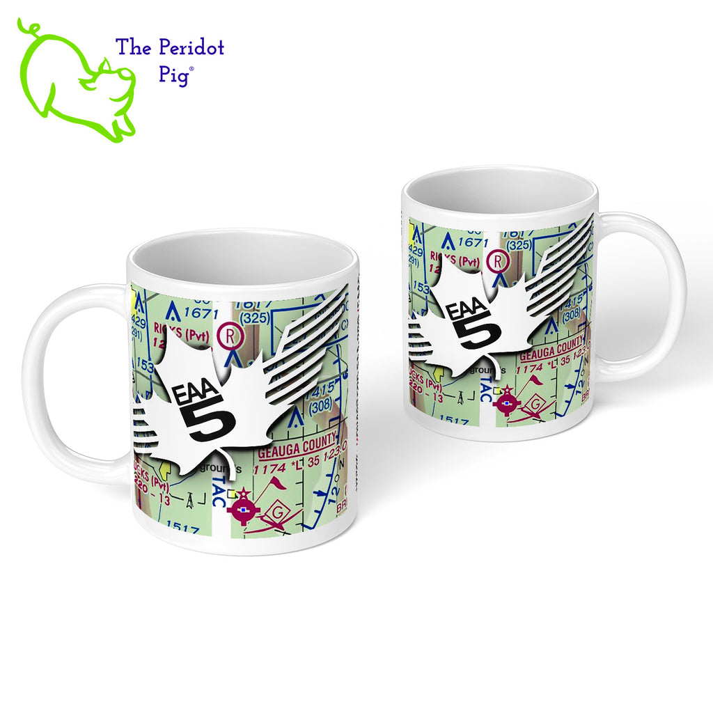 The perfect coffee mug for the EAA Chapter 5 member or fan. These glossy white mugs are printed with a snapshot of an Geauga County aeronautical chart with the EAA Chapter 5 logo and URL on top. Printed using vibrant color in a permanent ink. Front and back view shown.