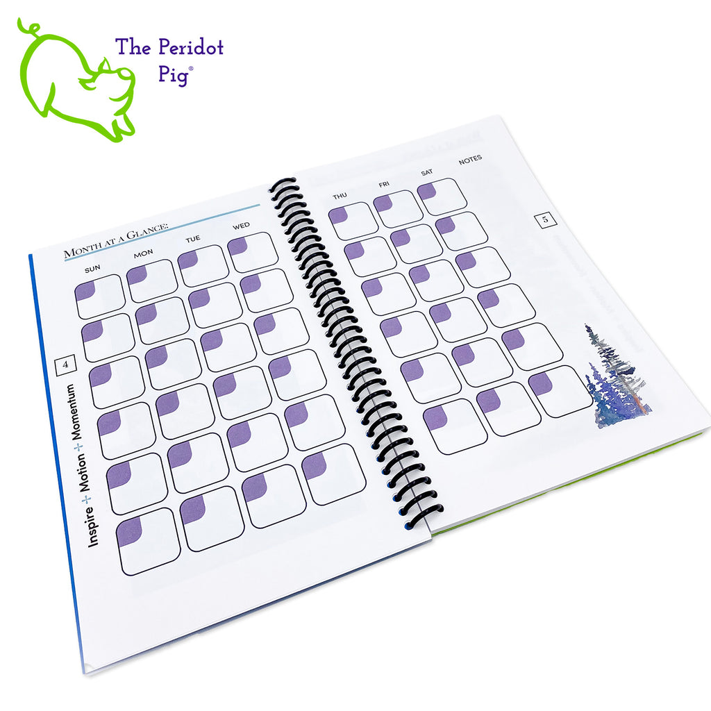 Kristin Zako has developed this personalized journal to organize your weekly schedule. The journal is printed on 32 bond 5.5 x 8" paper which is a joy to write in. Colorful pages and illustrations help lay out your monthly, weekly and daily plans. The front cover is a beautiful blue with a cutout around her logo. The back is a bright green cover stock. All of the 122 pages are bound in a spiral coil allowing the journal to lie flat or fold back.  Interior view shown.