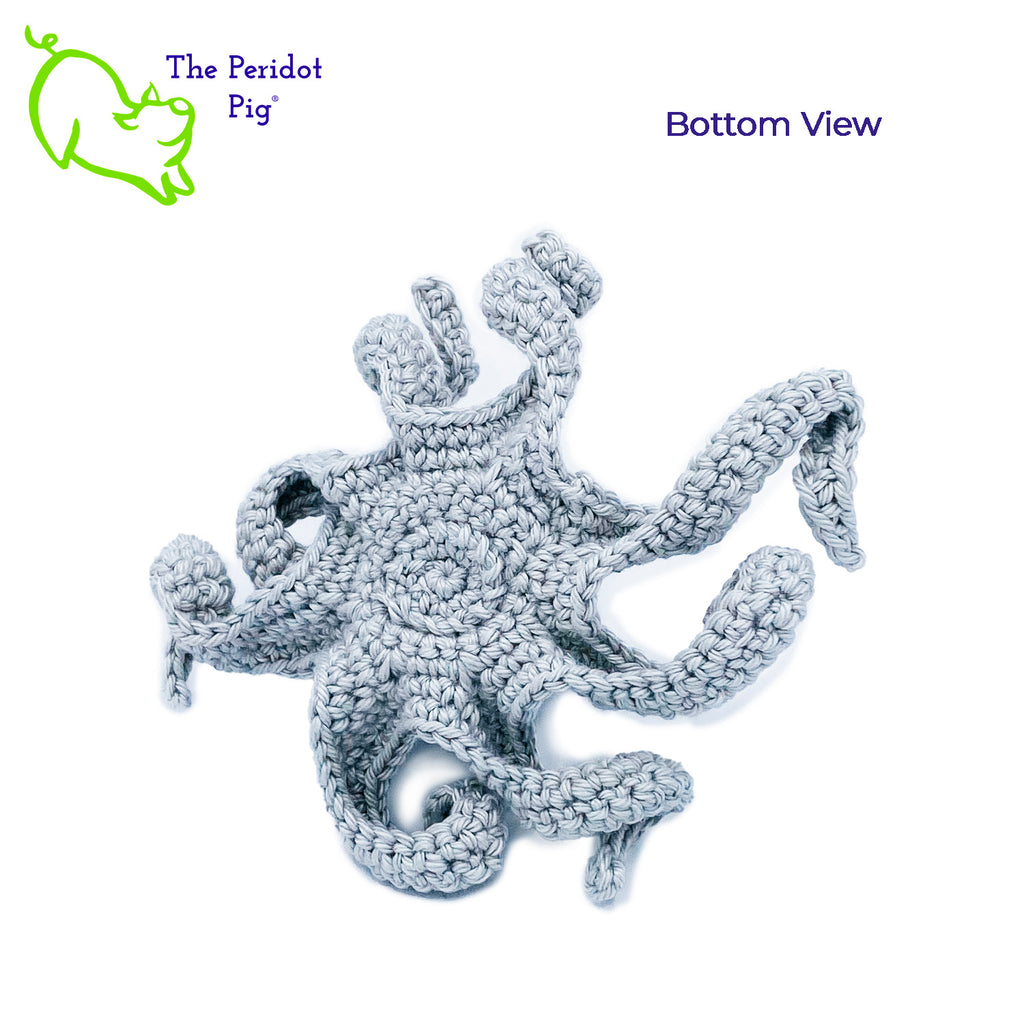 Leggy is made from sturdy cotton and is meant to last a life-time.  The safety eyes are securely attached, but for children under 3 please use with supervision. Bottom view shown in gray.