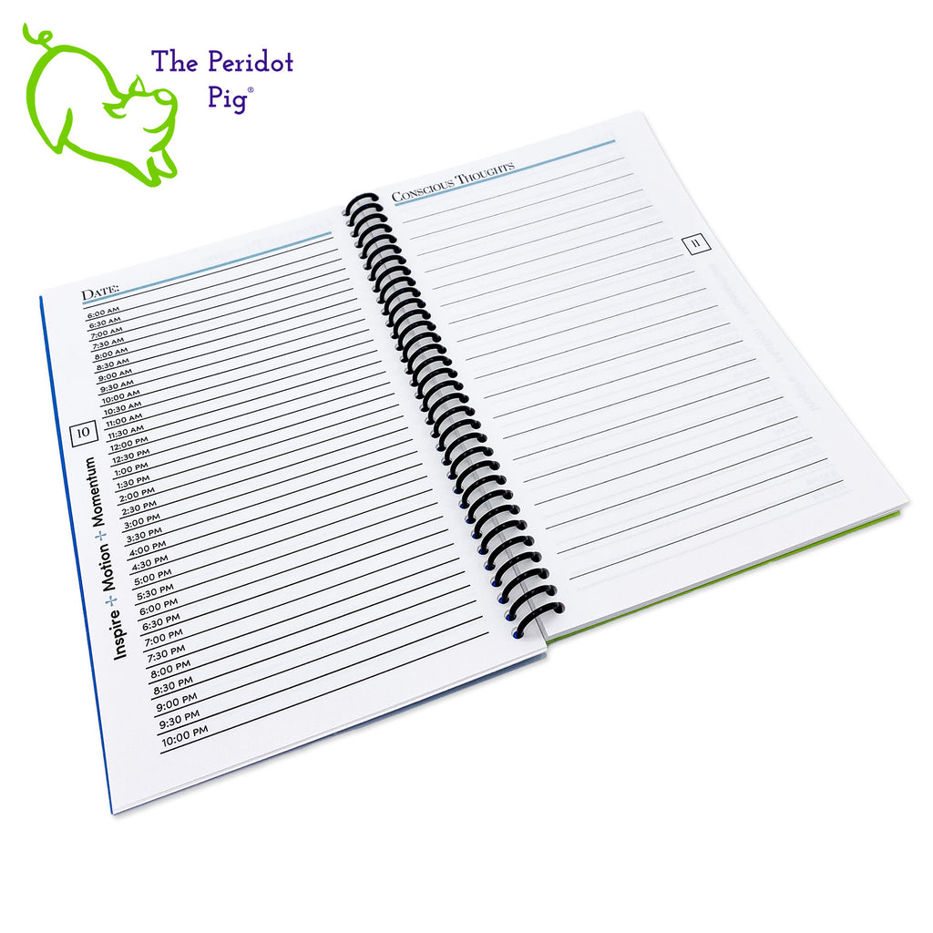 Kristin Zako has developed this personalized journal to organize your weekly schedule. The journal is printed on 32 bond 5.5 x 8" paper which is a joy to write in. Colorful pages and illustrations help lay out your monthly, weekly and daily plans. The front cover is a beautiful blue with a cutout around her logo. The back is a bright green cover stock. All of the 122 pages are bound in a spiral coil allowing the journal to lie flat or fold back.  Interior view shown.