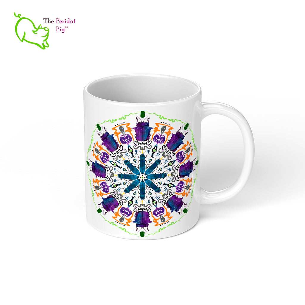 A colorful mandala of beetles graces this 11 oz mug. The larger beetle has shades of violet and blue. The smaller beetle is in a delicate shade of blue. Printed on a glossy white mug, these bugs really pop! Right view