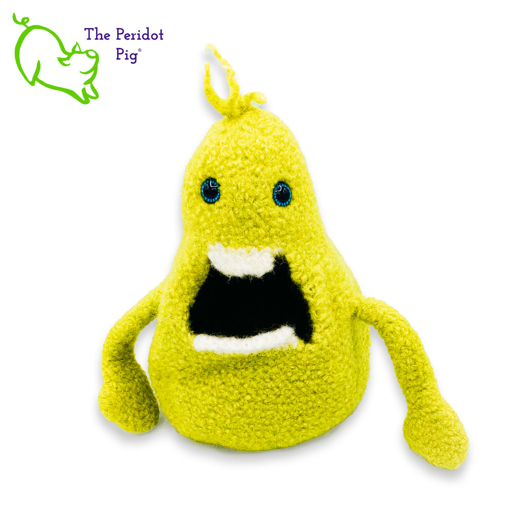 Gary has a big mouth! He's not loud though...he just likes to cram stuff in his big mouth. He prefers candy but you could easily fill him with anything.  His dream is to show up in a kid's Easter basket one day. Definitely needs to be a special kid that appreciates little monsters like Gary. He's made of 100% wool that has been felted down to create his hollow body. His arms are floppy and he has a little tuft of his pear green hair on top.  His eyes are a bright blue. Front view shown.