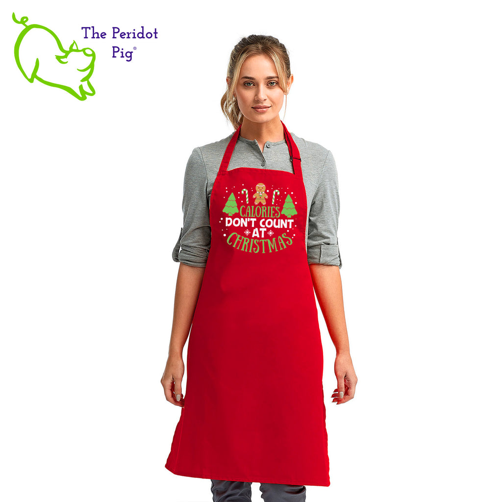 Calories don't count for free food and at Christmas. That's my story and I'm sticking to it! If you abide by this rule, here's the perfect apron for you.  The front says, "Calories don't count at Christmas" in bright festive colors. There are trees, candy canes, a gingerbread man and snow flakes to round out the design. Front view shown in Green.