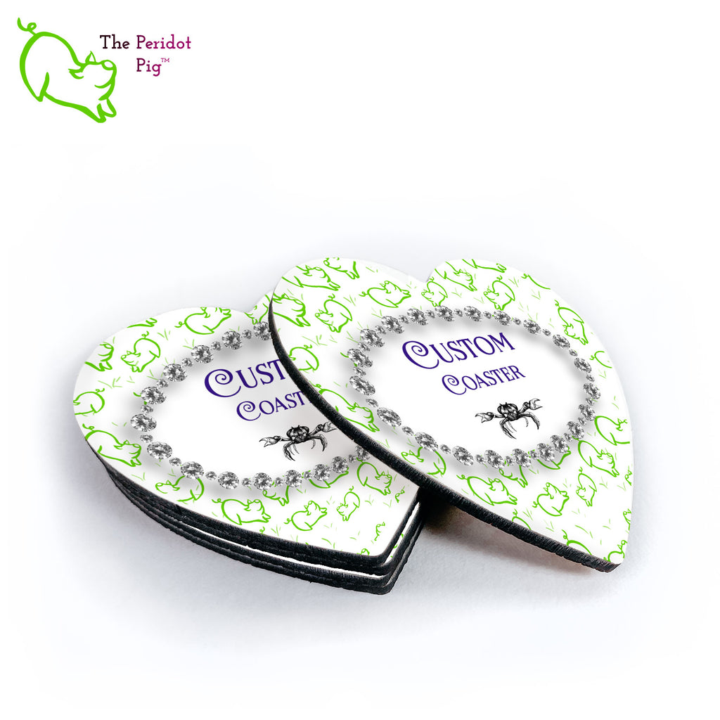 Custom coasters shown in a stack with a sample image.