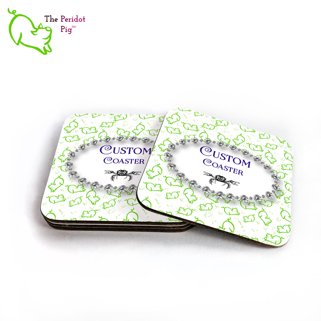 Square coasters in a stack shown with a sample image.