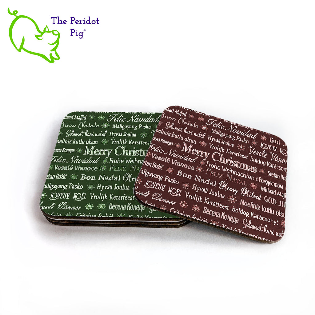 Have a Merry Christmas no matter where you are or where you're from! This set of four coasters is printed in bright colors on either a matte or a gloss coaster. They say, "Merry Christmas" in multiple languages. The coasters are printed in a durable ink that won't fade over time. Perfect for both hot and cold beverages. Available in gloss or matte finish. You can choose a mix of the four colors, red/green, or all four in a single color. Red and green shown in a stack of four.
