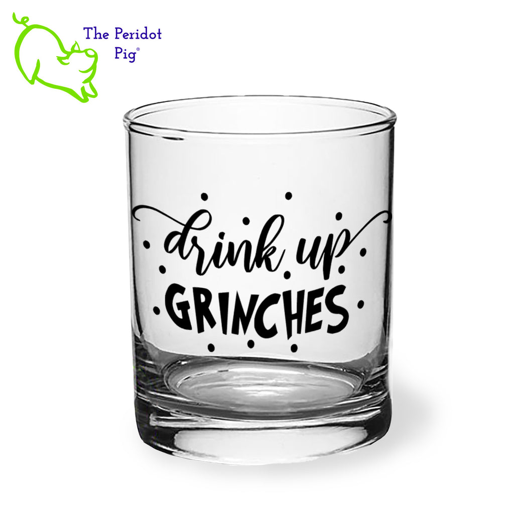 A classic rocks glass with four funny Christmas season sayings on the front in black. The back is undecorated. This 12.5 oz double old fashioned glass is crystal clear and feels great in your hand. These are perfect for the holiday gatherings or a great secret Santa gift! Front view, style C shown.