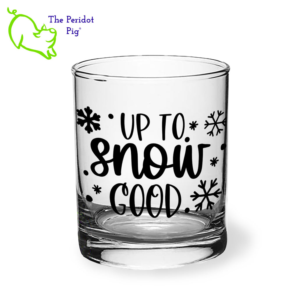 A classic rocks glass with four funny Christmas season sayings on the front in black. The back is undecorated. This 12.5 oz double old fashioned glass is crystal clear and feels great in your hand. These are perfect for the holiday gatherings or a great secret Santa gift! Front view, style D shown.