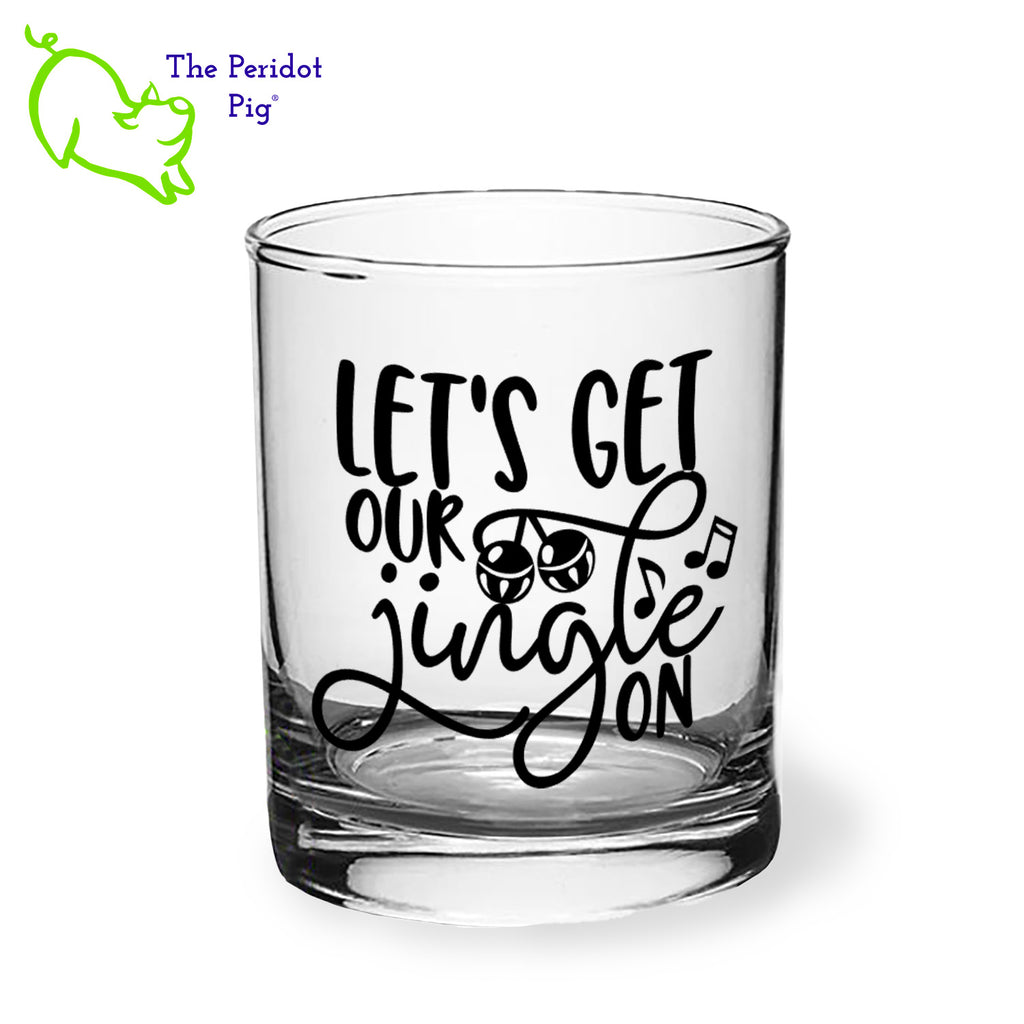 A classic rocks glass with four funny Christmas season sayings on the front in black. The back is undecorated. This 12.5 oz double old fashioned glass is crystal clear and feels great in your hand. These are perfect for the holiday gatherings or a great secret Santa gift! Style c shown, front view.