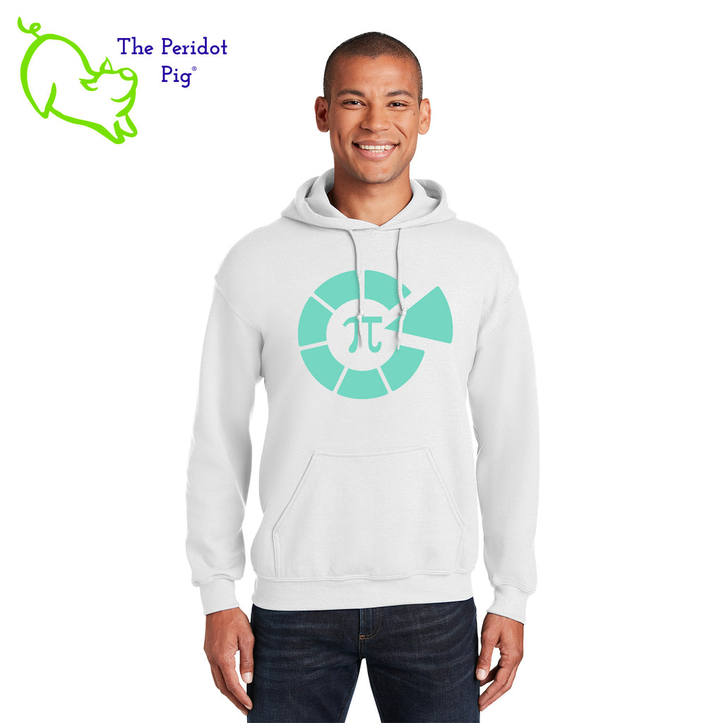 This warm, soft hoodie features a matte finish, Healthy Pi logo on the front. It's available in three colors. The white and navy hoodies have the logo in teal green. The royal blue hoodie has the logo in white. Front view shown in white.