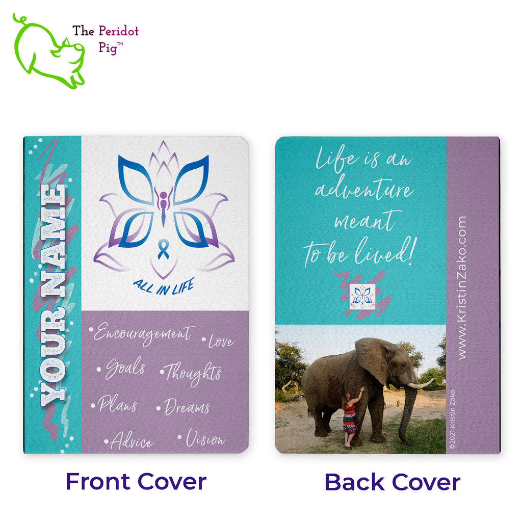 The Kristin Zako hard-bound journal is an important tool in your daily affirmations. These felt fronted and backed with fabric binding little notebooks contain 98 unlined pages. The binding is black and made of a rubbery, strong material. Front and back view shown with a section where your name can be customized.