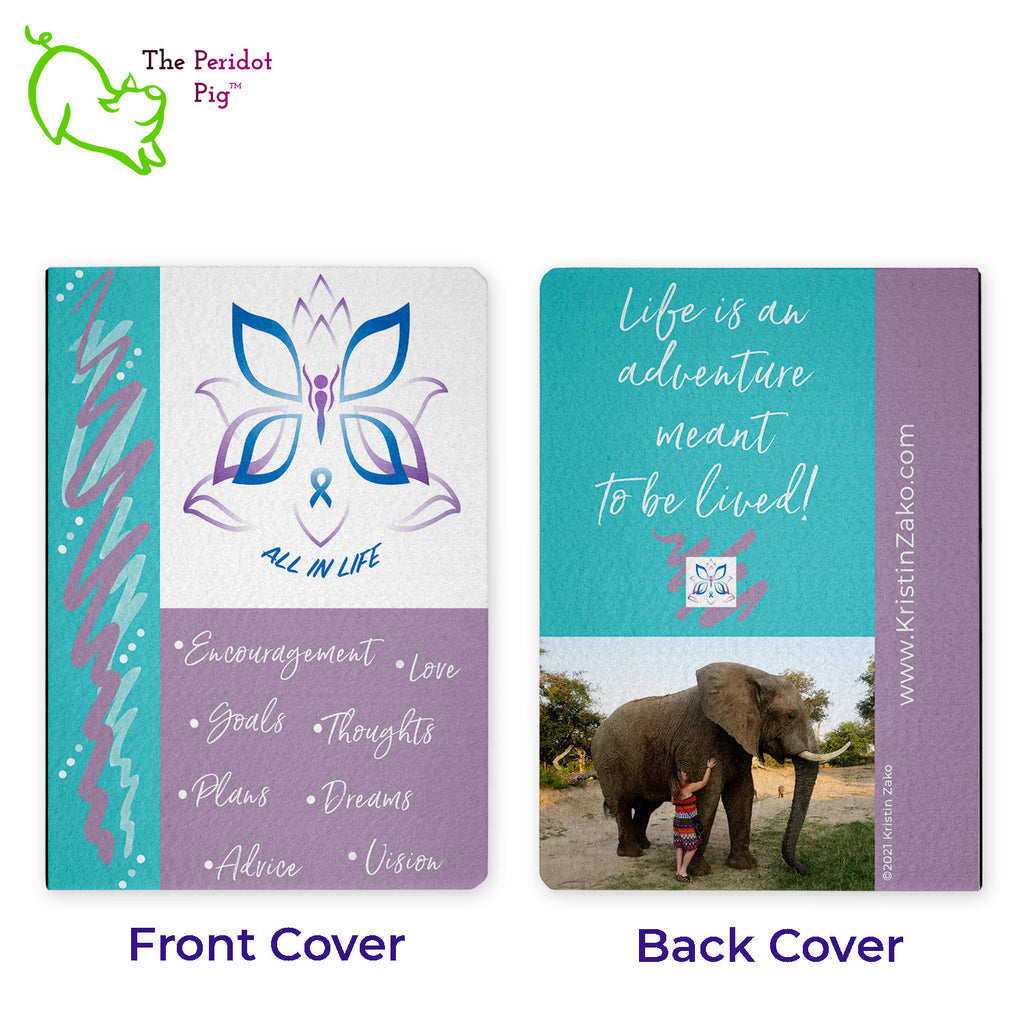 The Kristin Zako hard-bound journal is an important tool in your daily affirmations. These felt fronted and backed with fabric binding little notebooks contain 98 unlined pages. The binding is black and made of a rubbery, strong material. Front and back views shown.