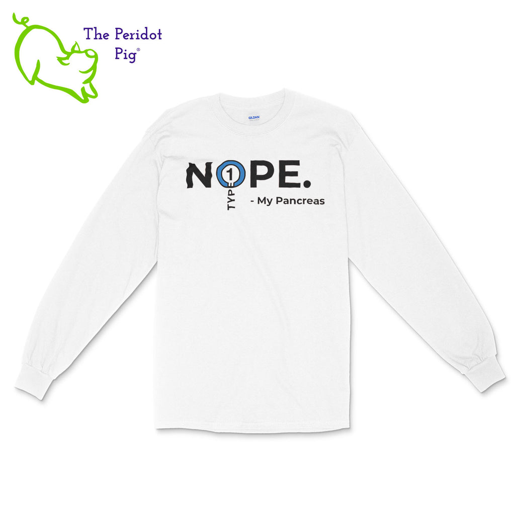 A new shirt for National Diabetes Month! For some, the pancreas just says, "Nope." The t-shirt front features a Type 1 Diabetes logo with the words, "Nope. -My Pancreas". The back is blank. This a nice, comfy heavy-weight t-shirt. Perfect for the Fall. Front view shown in white.