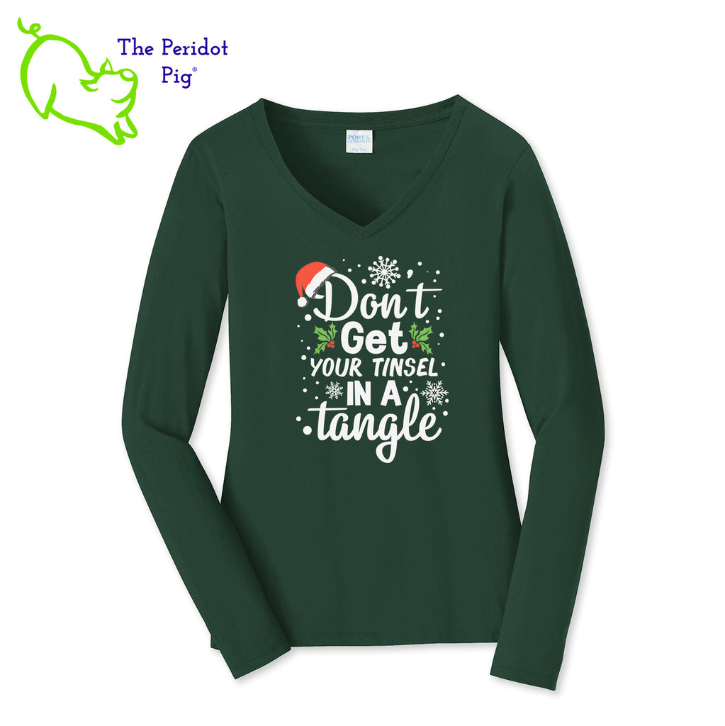 The holidays can be stressful for some. Tell them to chill out with our favorite 100% ring spun cotton tee. It's very soft and tailored for a woman's fit. The front says, "Don't get your tinsel in a tangle" in bright festive colors. There are holly berries, a jaunty Santa hat and snow flakes to round out the design. The back is undecorated. Front view shown in Forest Green.