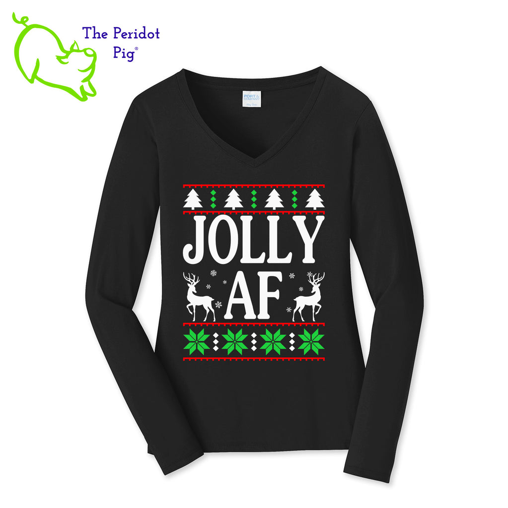 Shhh....we won't tell your mother-in-law what it means.  Enjoy this fun shirt and see if they finally ask.  Printed in bright color on a v-neck cotton, long sleeve t-shirt, it's perfect for the winter holidays! The front has a stylized sweater print with reindeer and the words, "Jolly AF". The back is undecorated. Front view shown in black.