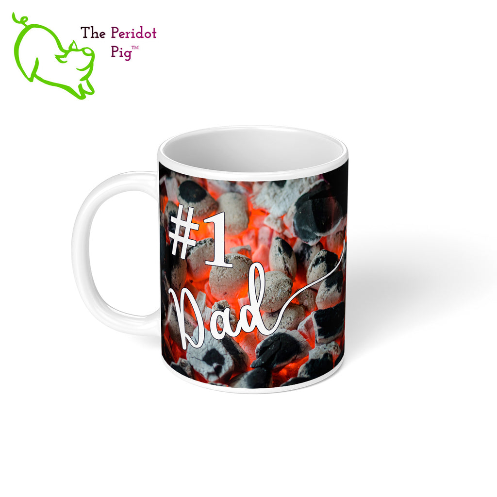 Got a grill master in your life? Consider our "too hot to handle" 11 oz coffee mug as a gift! These glossy white mugs feature hot coals in the background with text that can be personalized. You can add names, numbers, dates...the possibilities are endless. Style D personalized left view.
