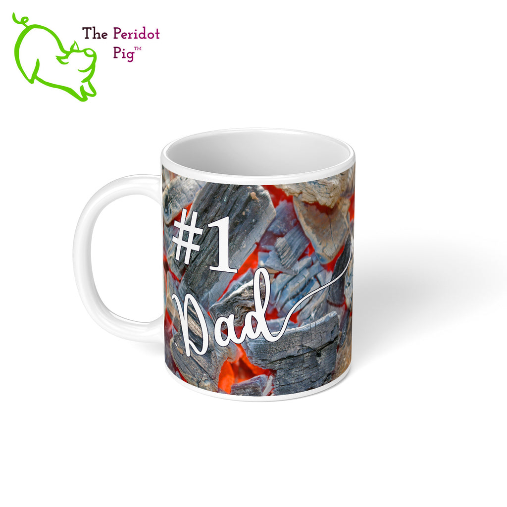 Got a grill master in your life? Consider our "too hot to handle" 11 oz coffee mug as a gift! These glossy white mugs feature hot coals in the background with text that can be personalized. You can add names, numbers, dates...the possibilities are endless. Style E personalized left view.