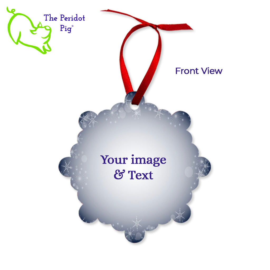 Create a beautiful keepsake ornament for the holidays! These aluminum ornaments can be printed in vivid color with the photo or artwork of your own choice. Both sides can be customized. The ornament is light weight for hanging on the tree and comes with a ribbon hanger. We've shown them here with the year on the back with a fun Christmas candy stripe pattern. On the front, choose from 5 different border styles. Shown front view.